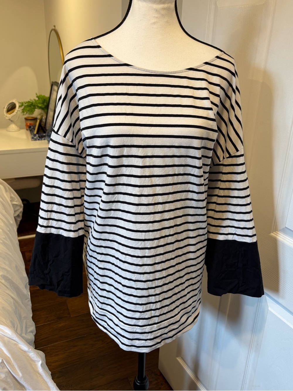 Lafayette 148 Striped Oversized Top Black White Contrast Cuff Estimated 1X